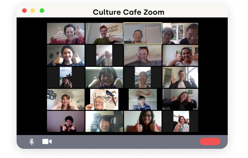 a mockuped zoom withdow with about 20 participants of a culture cafe smiling